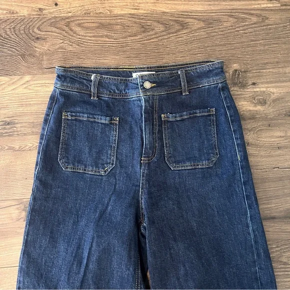 OAT New York Dark Wash Wide Leg Jeans Raw Hem High Rise Flat Front Sz 8/29 - Picture 3 of 7